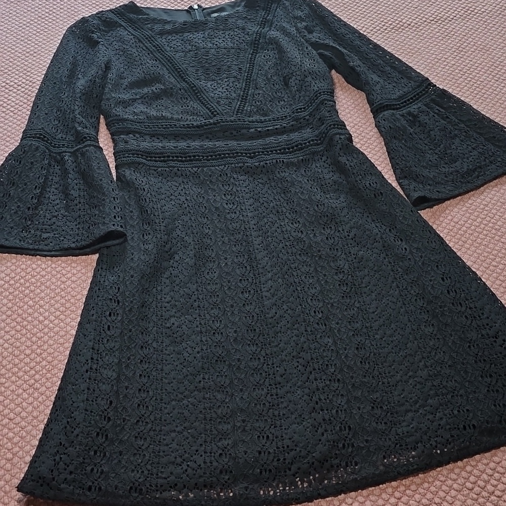 Ann Taylor Fit 'n' Flare Lace Knit Detail Black Lace Long Sleeve Dress